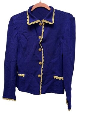 St John purple metallic gold trim gold gem buttons Santana knit jacket M